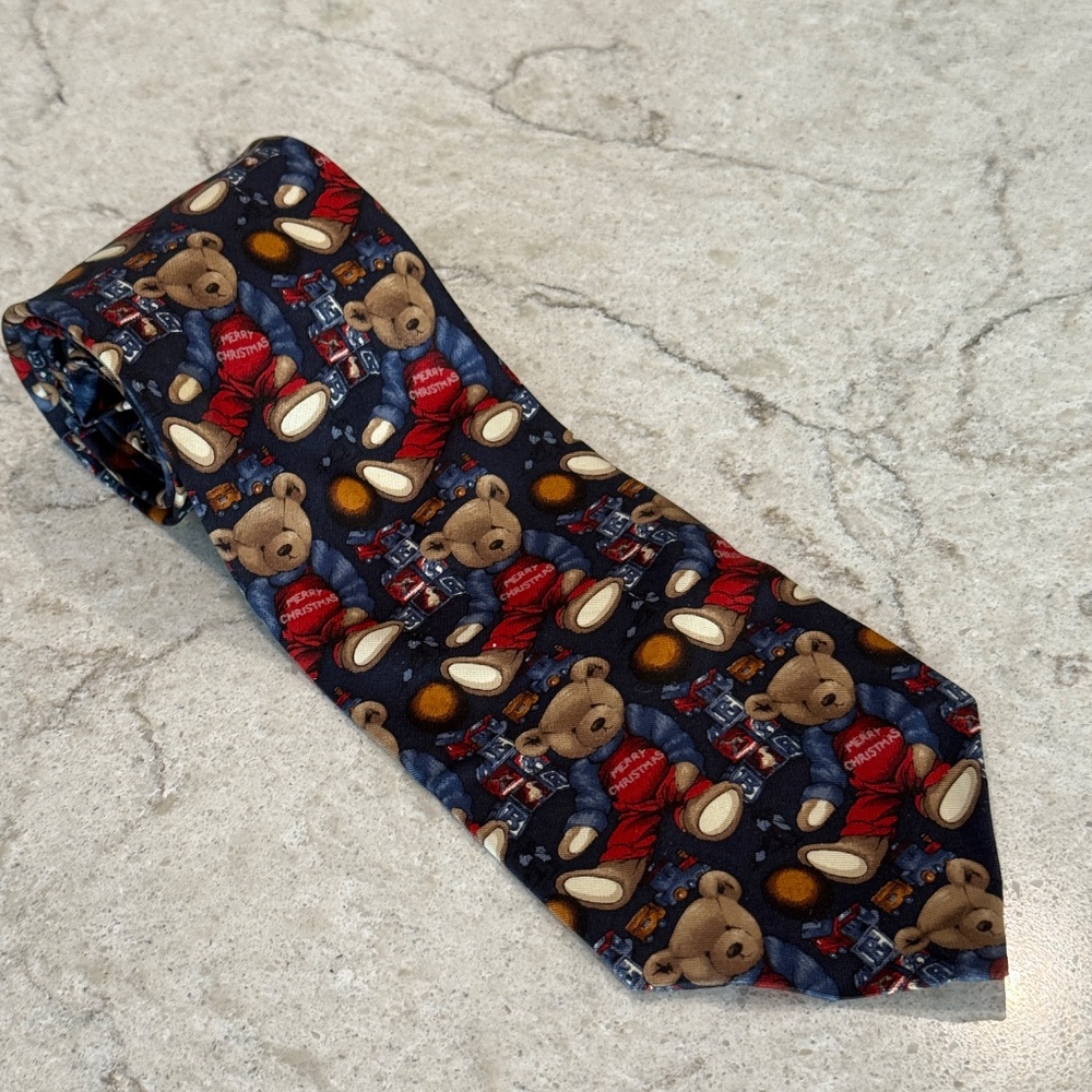 Vtg Britches Georgetowne Ferrell Reed Teddy Bear Silk Tie Xmas USA Navy 56" New